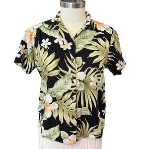 Two Paddles Black and Green 100% Cotton Floral Short Sleeve Hawaiian Shirt M